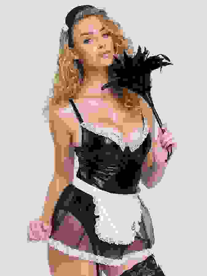 Lovehoney Fantasy Deluxe Wet Look French Maid Costume, Black, hi-res
